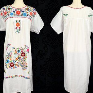 White ORO IMPORT Hand Embroidered Oaxacan Mexican Maxi Dress